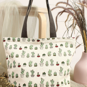 Tote-bag français sur-mesure, tissu motif cactus et anses en sangle