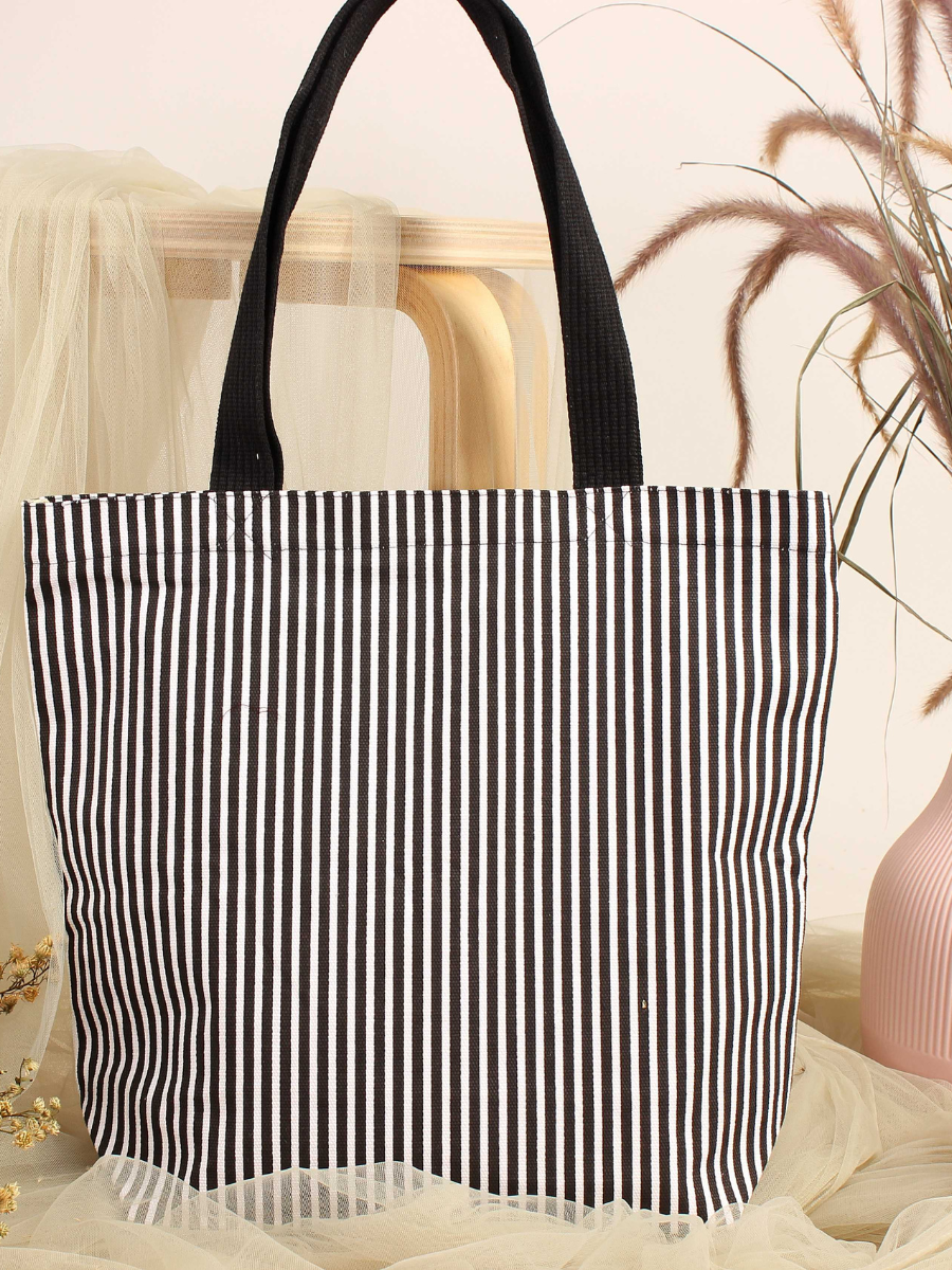 32 Tote-bag français sur-mesure, tissu rayé et anses en sangle noir